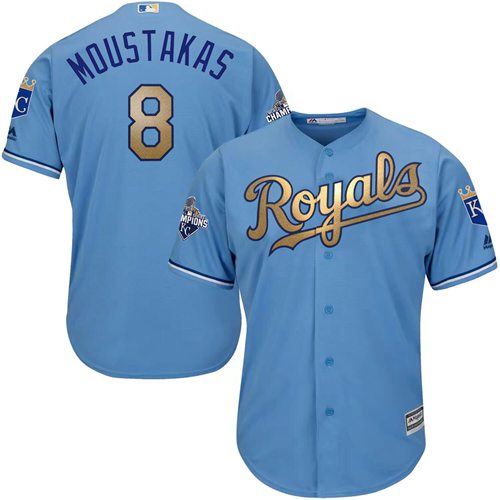 Royals #8 Mike Moustakas Light Blue 2015 World Series Champions Gold Program Cool Base Stitched Youth MLB Jersey - Click Image to Close